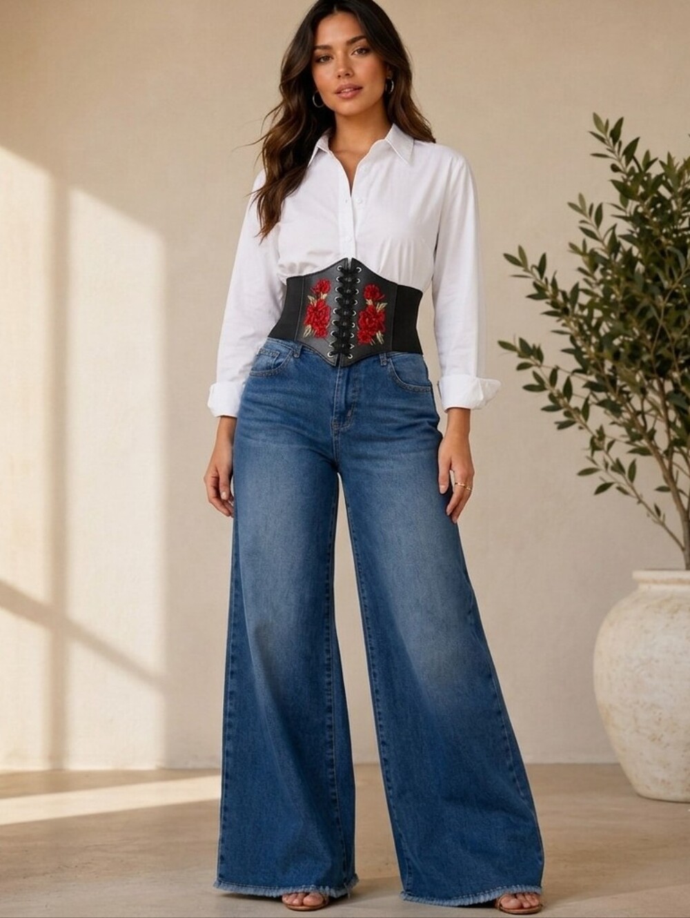Black Floral Embroidered Waist Elastic Corset Belt One Size